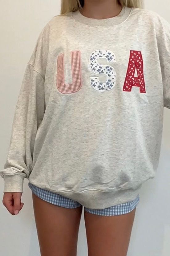 USA Patchwork Long Sleeve Crew Neck