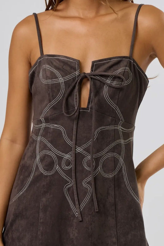 Strappy Suede Mini Dress with Embroidered Detail